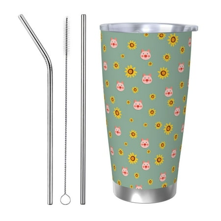 

Uemuo Pig Face With Sunflower Print Travel Coffee Mug 20oz Double-walled Car Cup Stainless Steel Insulated Tumbler Leak-proof Travel Cup Reusable Straw Car Cup-Straw Three-piece Set