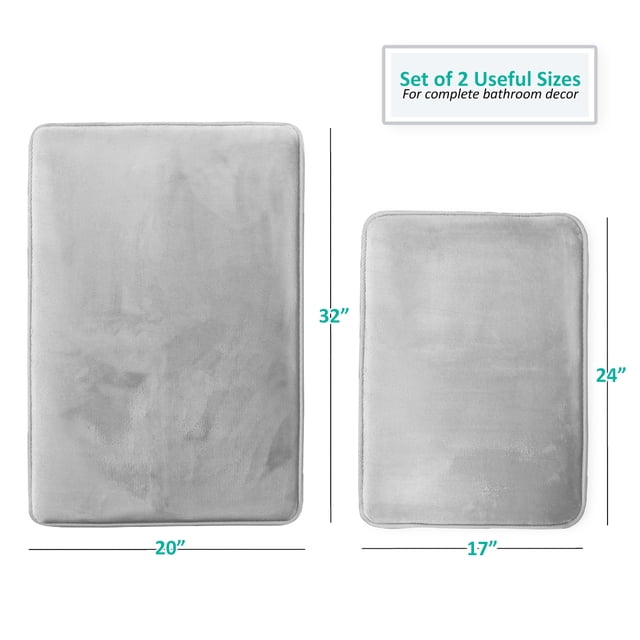 Set of 2 Small Clara Clark Bath Mat Bathroom Rug - Absorbent Memory Foam Bath Rugs - Non-Slip, Thick, Cozy Velvet Feel Microfiber Bathrug, Plush Shower, Toilet-Floor Bathmats Carpet - Silver - 17"x24"