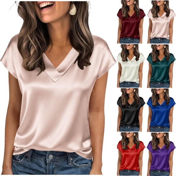Plus Size Tops Shirts for Womens Summer Fashion 2026 Solid Color Leisure T-shirt V-neck Leisure Tops Satin Shirts