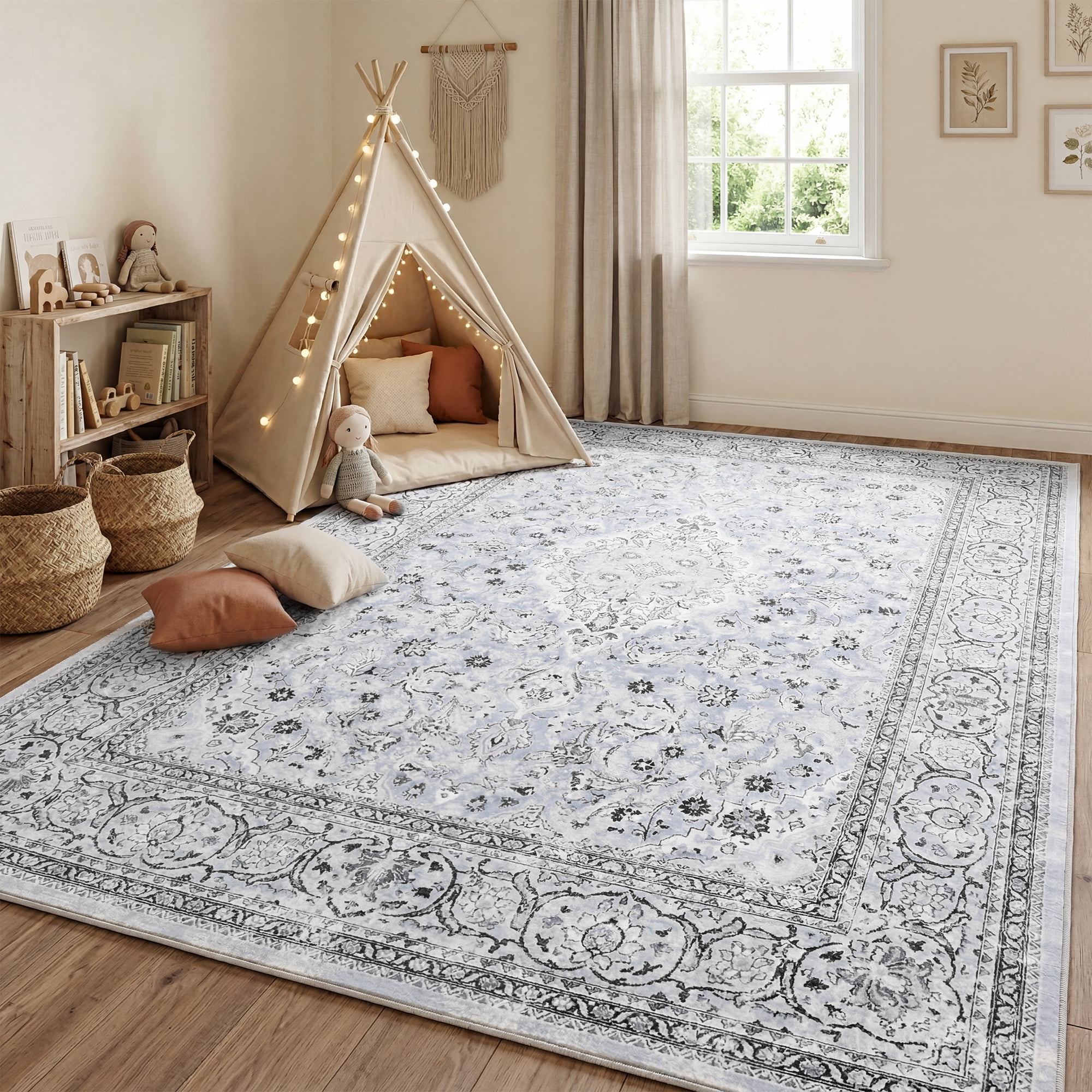 Lalado 8ft x 10ft Area Rugs for Living Room Washable Rugs Boho Floral Carpet Soft Low Pile Non-Slip Rug for Bedroom Dining Room Indoor Vintage Home Decor, Gray