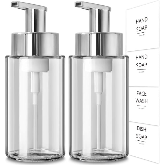 Glass Soap Dispenser, 10 oz/300ml Foaming Soap Dispenser, 2 Pack Glass Foaming Hand Dispenser for Bathroom & Kitchen, Clear Refillable Foam Soap Bottle with Silver Pump