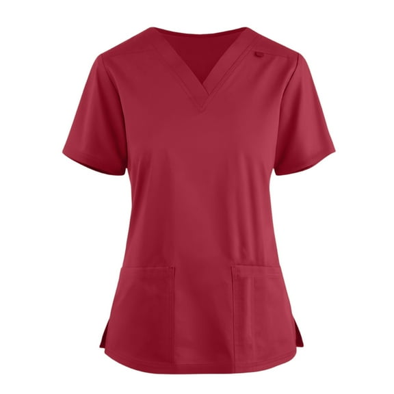 Womens Nurse Uniforms Summer Solid Color V-Neck Plus Size Workwear Shirt Short Sleeve Stretchy Scrub Tops with Pockets ( red)
