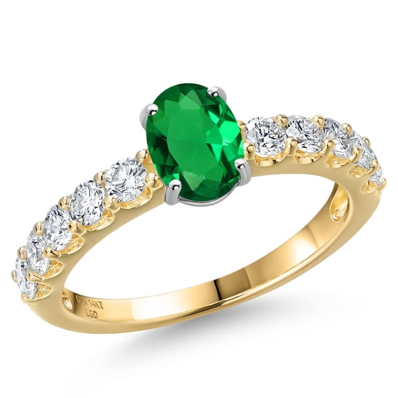 Gem Stone King 14K Two Tone Gold Green Nano Emerald and Lab Grown Diamond Engagement Ring for Women | 1.25 Cttw | Oval 7X5MM | Gemstone May Birthstone | Size 9