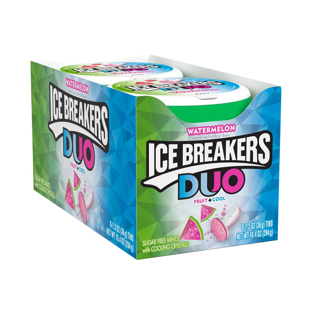 ICE BREAKERS DUO Watermelon Flavored Sugar Free Breath Mints, Bulk Mint Candy, 1.3 oz, Container