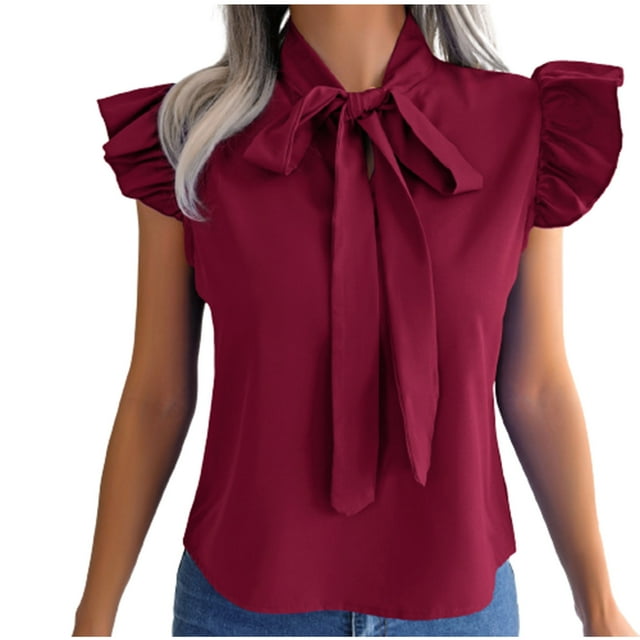 Birdeem Womens Casual Solid Color Auricular Lace Up Bow Chiffon Shirt Top