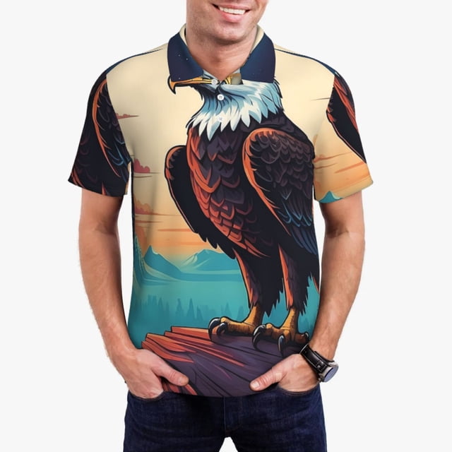 Balery Cartoon Iceberg Bald Eagle Camisa Polo de Hombre con Estampado, de Manga Corta y Tejido Medio, Camisa Tipo Golf Polo-Medium