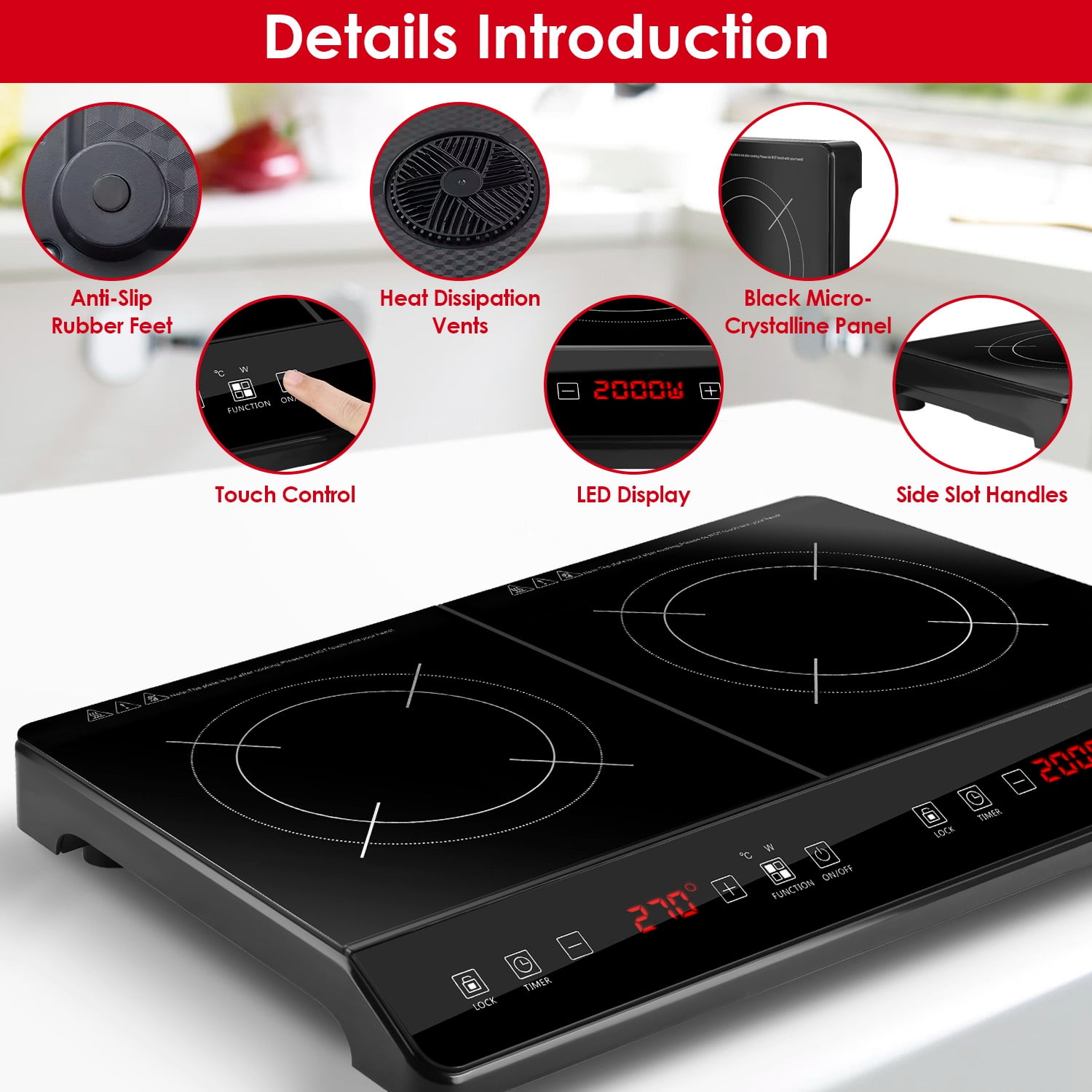 TeqHome Double Induction Cooktop 4000W Portable Induction Countertop with 9 Power Levels 9 Temperature Settiings From 176℉ to 518℉ Smart Timer 0-3H and Safety Lock Black
