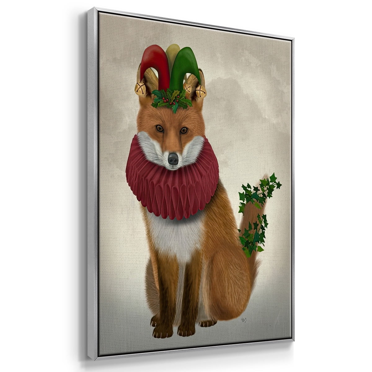 Christmas Holly and Ivy Fox - Framed Gallery Wrapped Holiday Canvas - 17 x 25 - Silver Frame