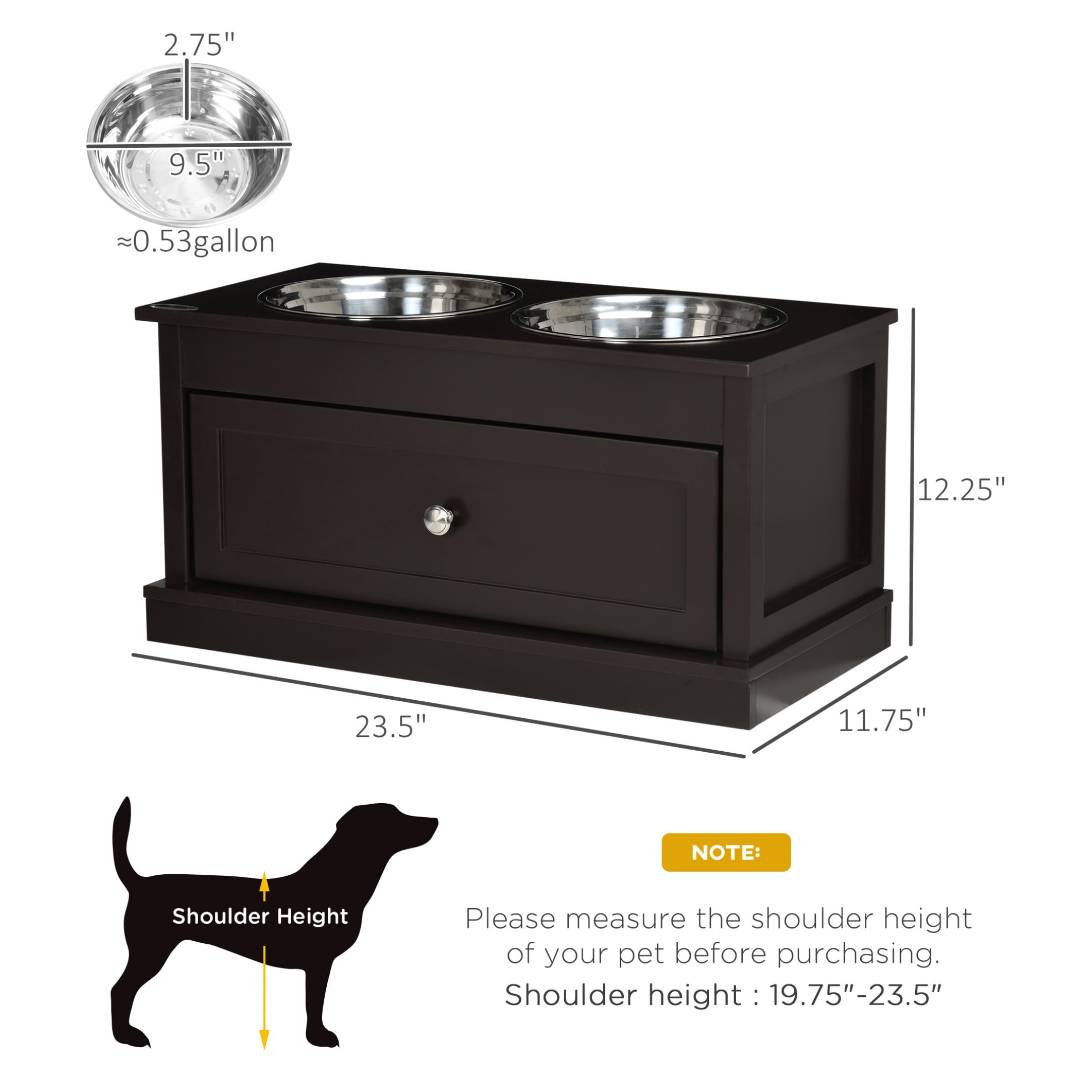 Large Elevated Dog Bowls with Storage, Raised Dog Feeder Stand, Stainless Steel Bowls, 11L Drawer, Pet Feeding Station for Large Dogs, Brown