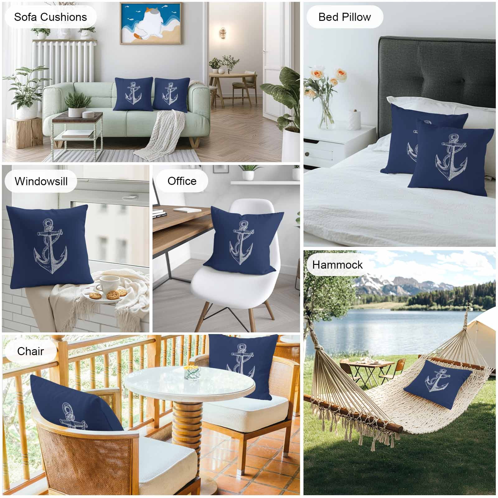 Throw Pillow Covers 16x16 Inch Set of 2, Nautical Anchor Waterproof Outdoor Pillow Covers, Navy Blue Coastal Marine Minimalist Rope Decorative Cushion Pillowcases for Couch, Sofa, Bed, Garden, Patio
