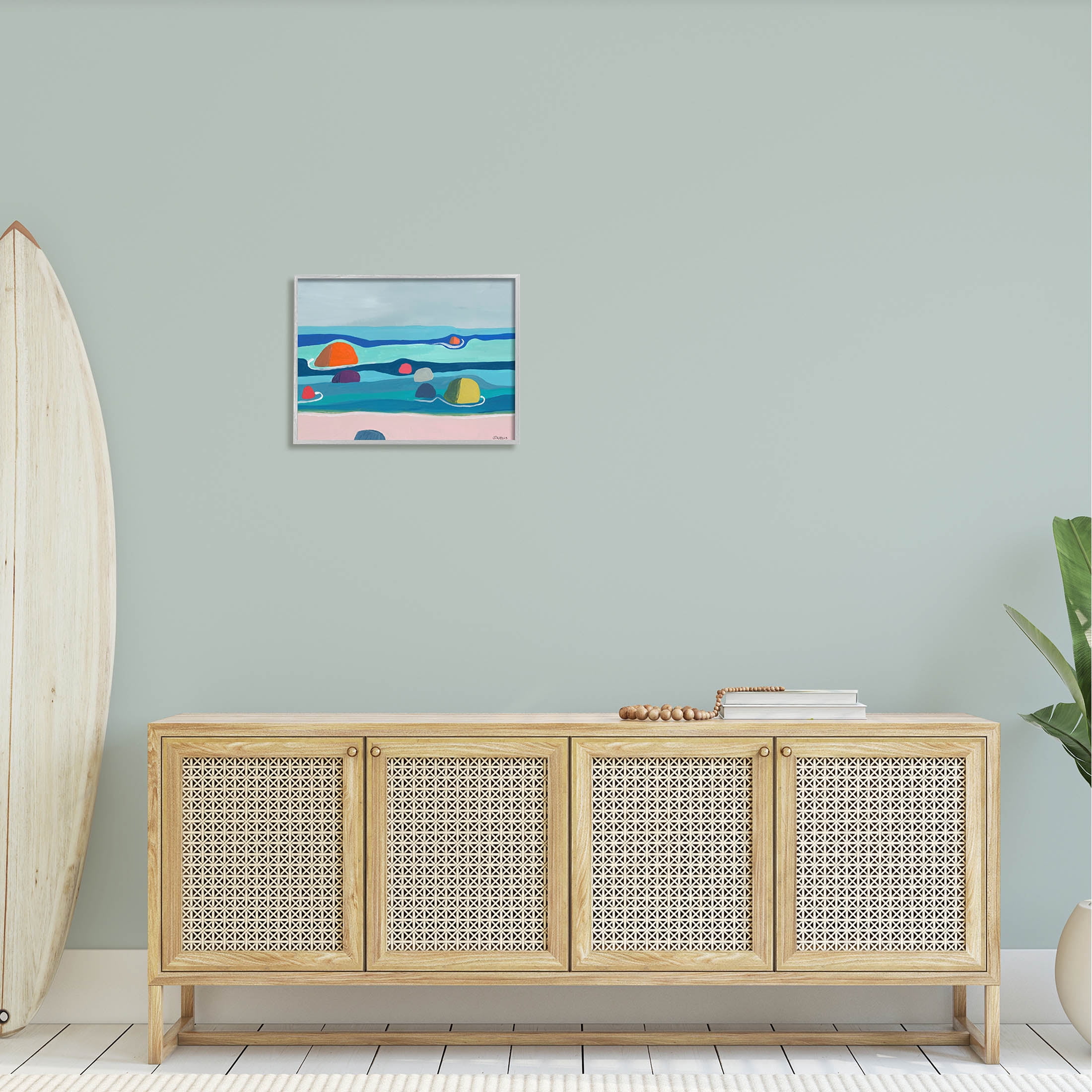 Modern Floating Beach Buoys Coastal Painting Gray Framed Art Print Wall Art