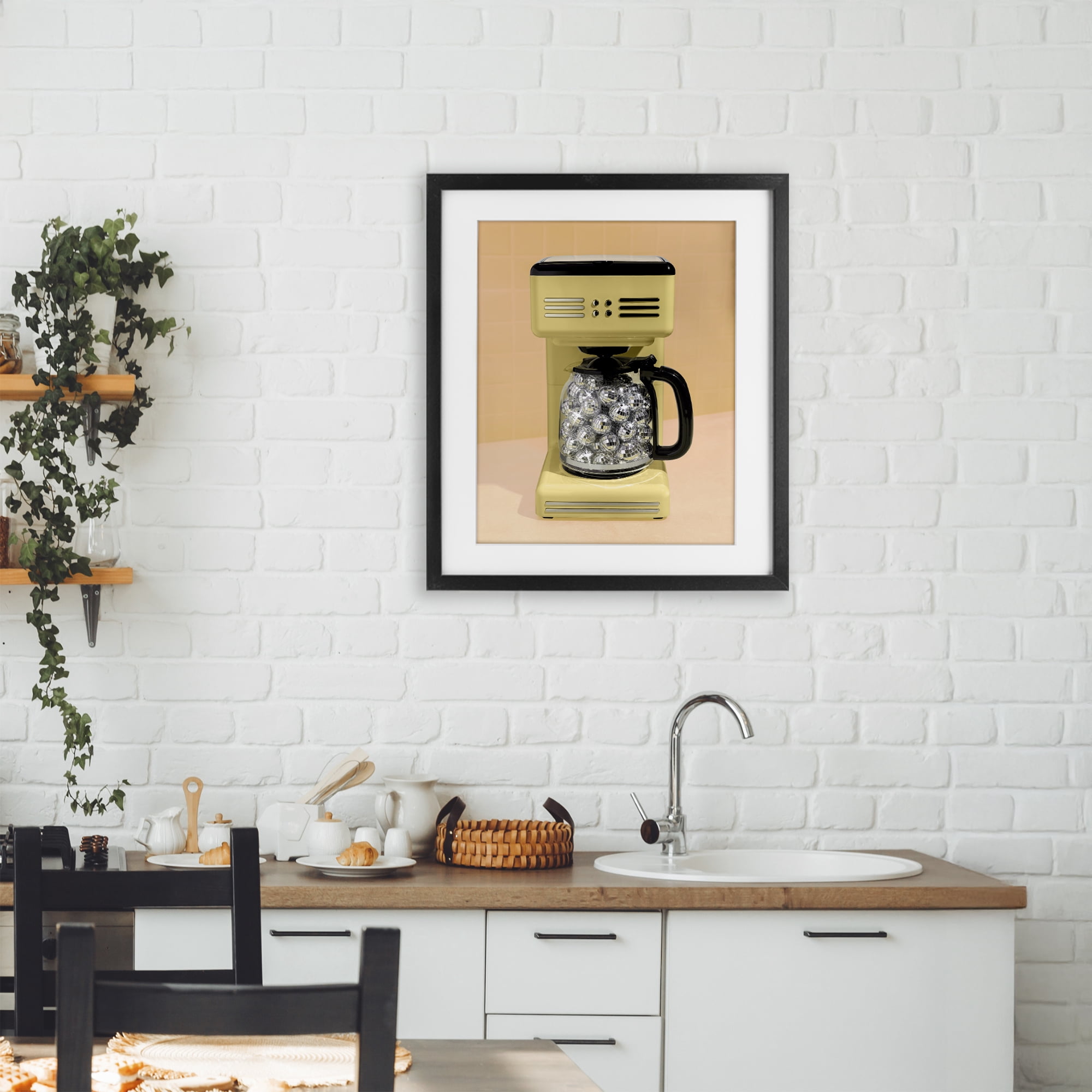 Stupell Industries Disco Coffee Maker over Yellow Black Framed Print Under Glass, design by LISH Creative