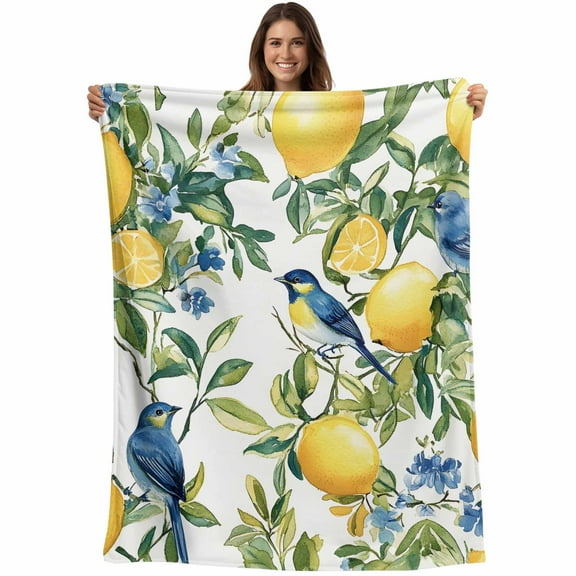 Chinoiserie Tropical Throw Blankets, Yellow Lemon Blue Bird Pattern Soft Fleece Blanket Decorative for Home Sofa Couch Chair Living Bedroom, 40x50 inches,