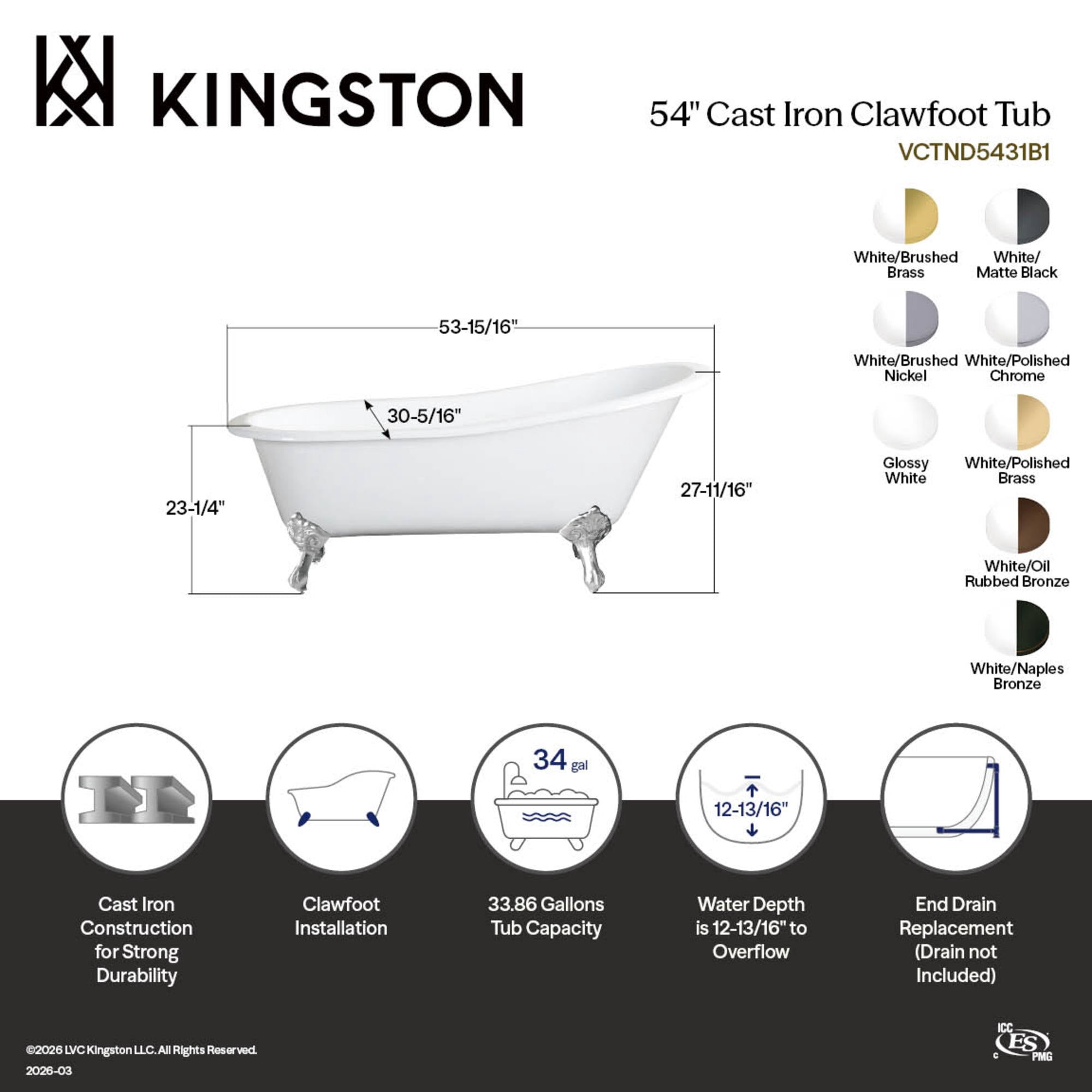 Aqua Eden VCTND5431B7 54-Inch Cast Iron Oval Single Slipper Clawfoot Tub (No Faucet Drillings) in White/Brushed Brass