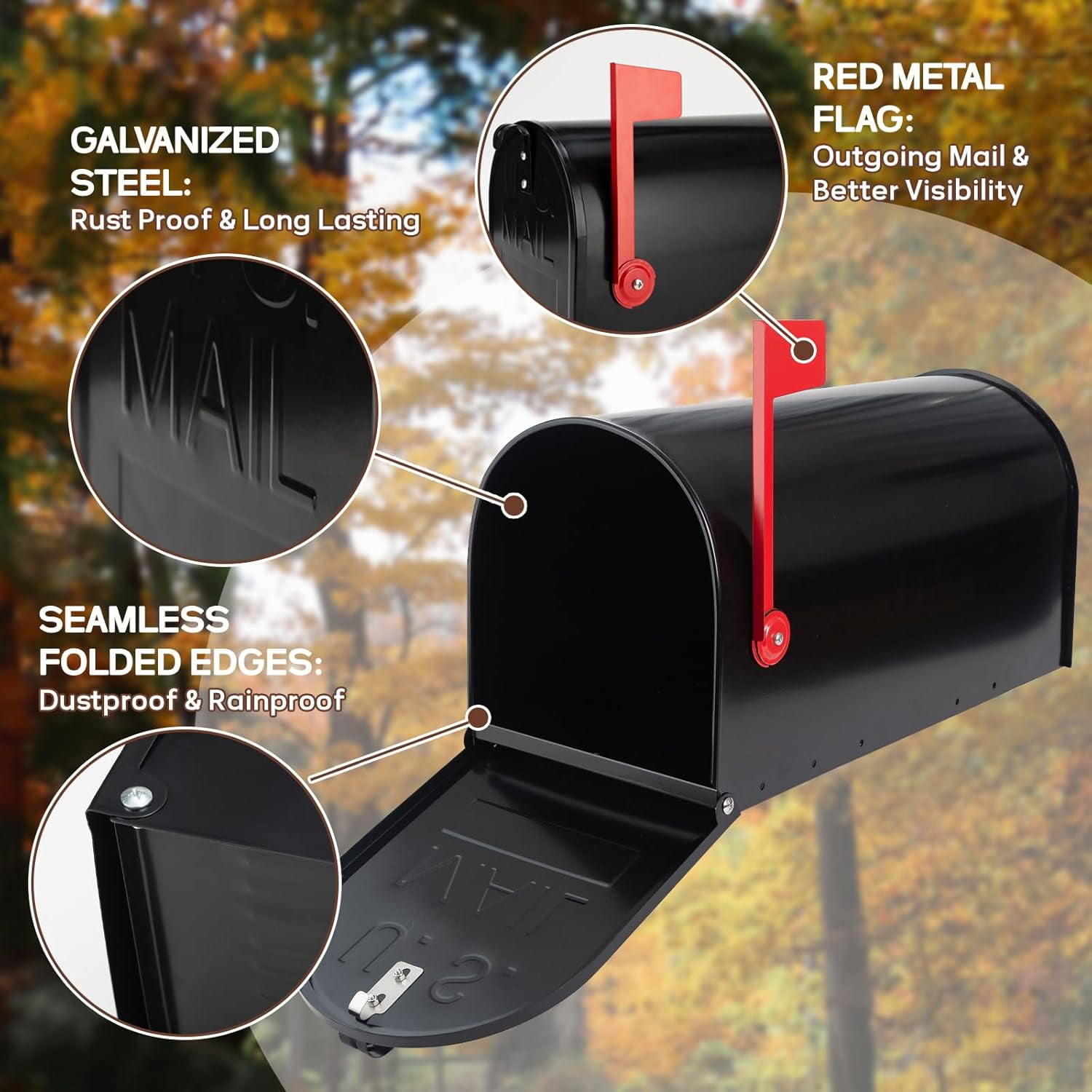Large Mailboxes for Outside,  Black Metal Mailbox, Galvanized Steel Post Mount Mail Box,  Large Capacity, 23 x 10.7 x 8.9 Inches