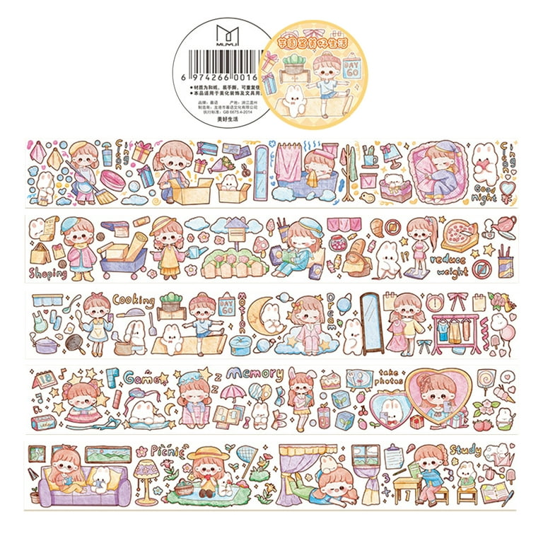 1 Roll Stationery Stickers Washi Paper Self-adhesive Long Tape Cartoon Girl  Cute Decals DIY Decoration Various Journal Scrapbook Handbook Girl Decals