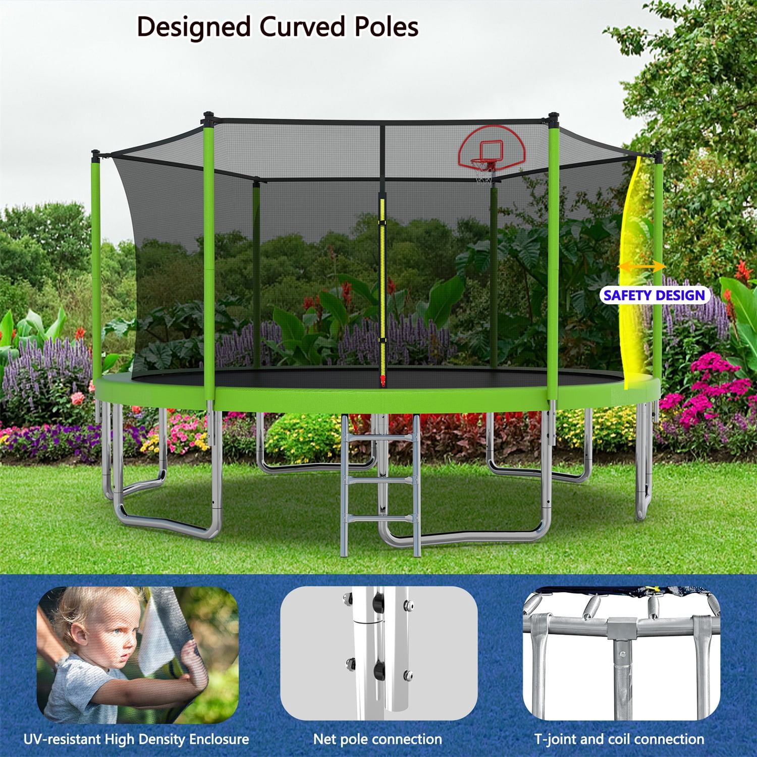 Hommoo 14FT Trampoline for Kids, Outdoor Backyards Large Recreational Trampoline with Basketball Hoop and Ladder, Safety Enclosure Net, Green