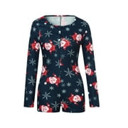 Women's Christmas Onesie Pajamas Button Long Sleeve Printed V Neck Sleepwear Romper Sexy Jumpsuit