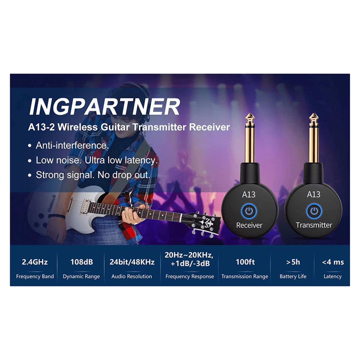 2-in-1 2.4GHz Wireless Guitar System 48KHz Audio Wireless Guitar Transmitter Receiver Electric Guitar Bass Amplifier,1 * Receiver 2 * Transmitter 1 * Data cable,Black