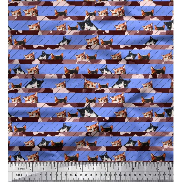 Soimoi Poly Georgette Fabric Diagonal Stripe & Cat Face Animal Print Fabric by Yard 52 Inch Wide