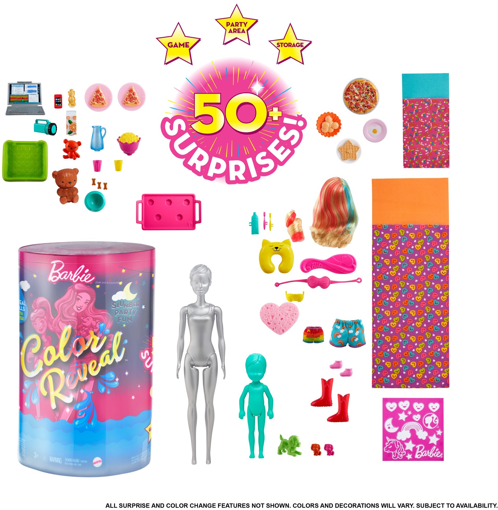 Barbie Color Reveal Slumber Party Fun Set, 50+ Surprises Including 2 Dolls,  3 Pets & 36 Accessories 