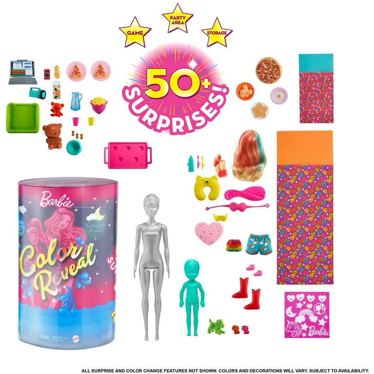 Barbie Color Reveal Slumber Party Fun Set, 50+ Surprises Including 2 Dolls,  3 Pets & 36 Accessories 