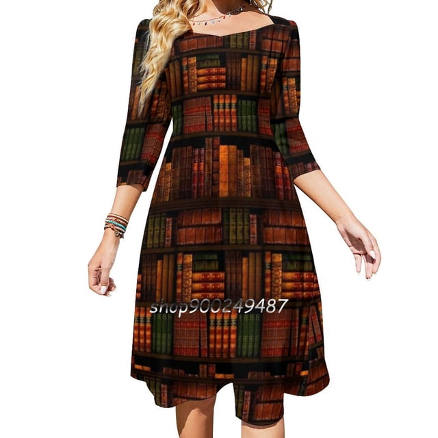 Vestido de cuello cuadrado con estampados sueltos y bonitos, elegante vestido de fiesta en la playa, para libros, biblioteca, libros, ratones de biblioteca, lectura, bibliófilos