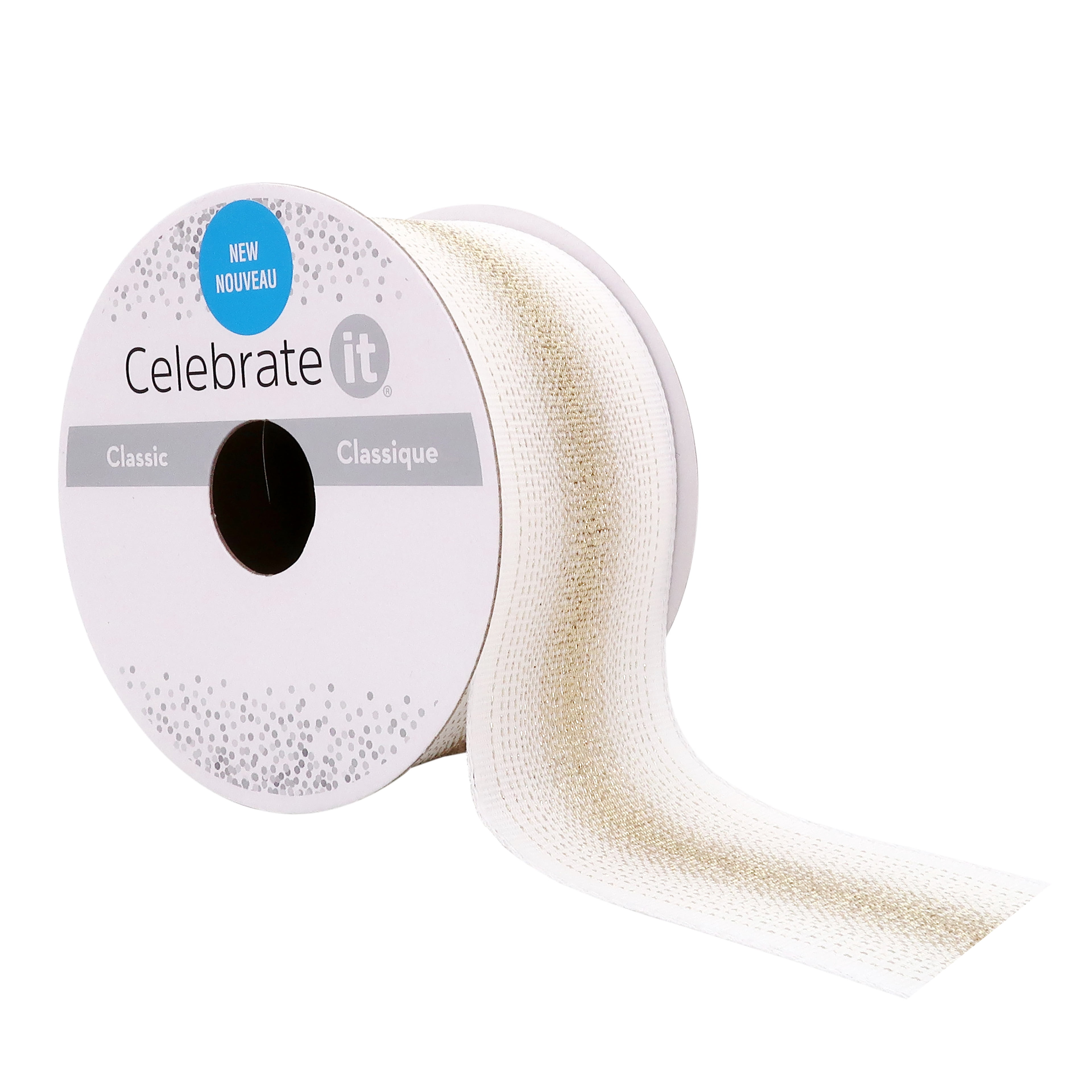 Celebrate It 1.5" x 3yd White and Gold Metallic Wired Ombre Ribbon - Shimmering Polyester Blend, Woven Selvage, Ideal for Crafts & Gift Decor, 12 Pack