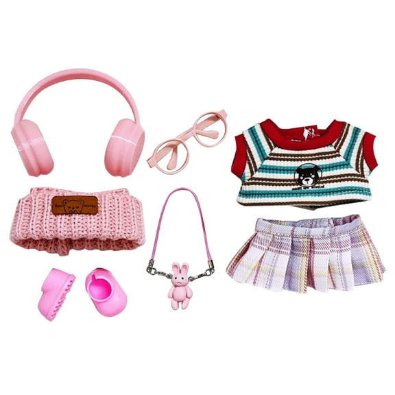 BINGLI 17cm Doll Clothes, Dolls Keychain Accessories Outfit Set, Designer Plush Dolls Clothing, Premium Handmade Pink 7-Piece Clothes ( No Dolls )