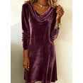 thumbnail image 3 of Velvet Dress for Women Casual Shirt Dresses Elegant Cocktail Long Sleeve Maxi Dress Purple S, 3 of 5