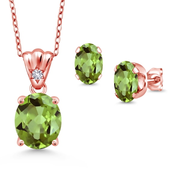 18K Rose Gold Plated Silver Green Peridot and White Created Sapphire Pendant and Earrings Jewelry Set for Women (5.88 Cttw, Gemstone Birthstone, Oval 11X9MM and 8X6MM with 18 inch Silver Chain)