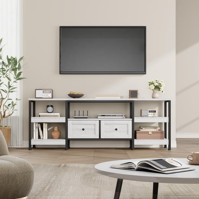 Mueble para TV industrial de 160 cm – Centro de entretenimiento con 2 cajones y estantes abiertos – Estructura metálica resistente – Acabado blanco antiguo – Ideal para salón