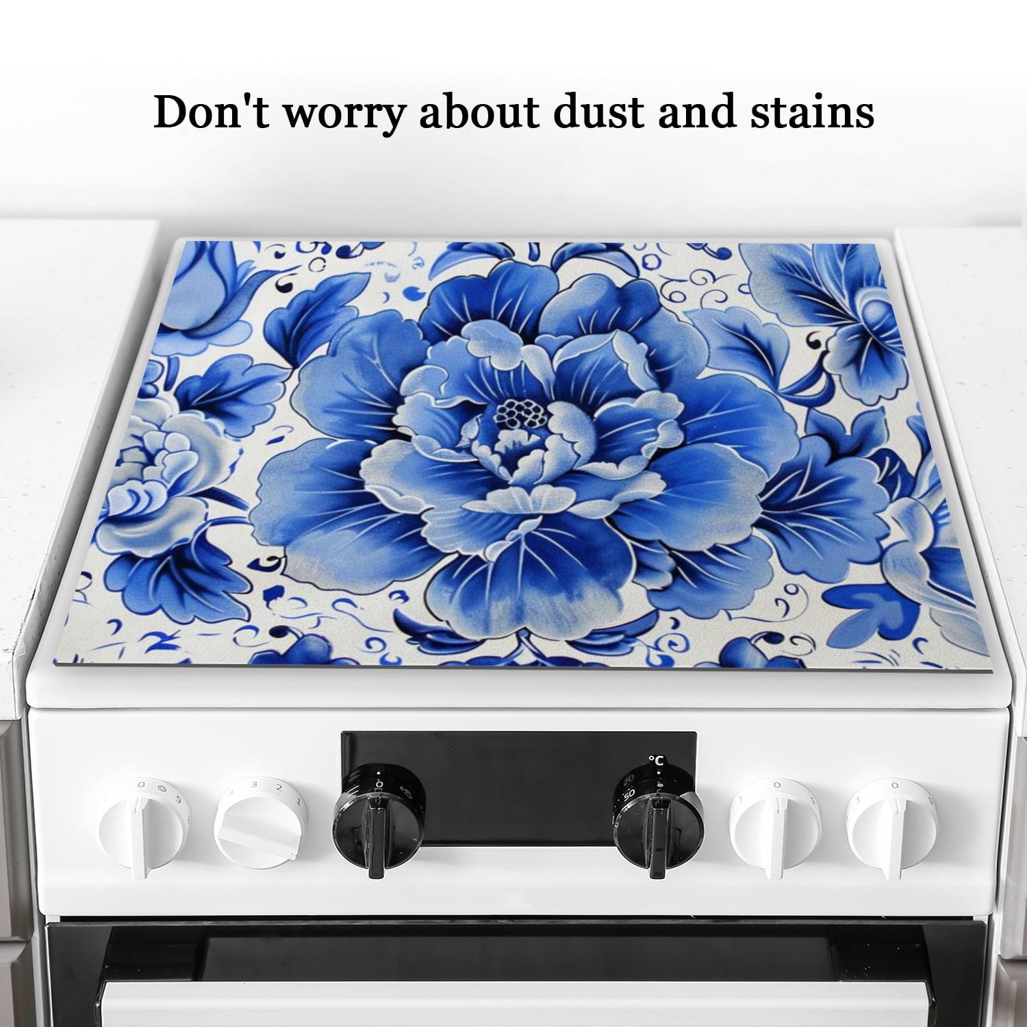 Square Stovetop Cover for Electric Stove, Blue And White Pattern With Peonies Washable Oven Covers, Dustproof Waterproof Oilproof Mat for Kitchen RV (28×20 Inch)