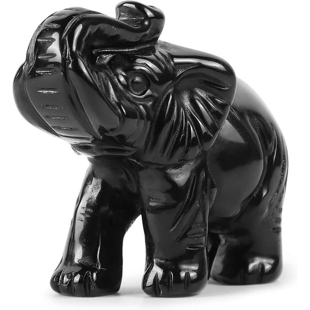 Estatua de elefante de cristal de obsidiana negra Figuras decorativas Escultura de animal de piedra preciosa tallada a mano para decoración del hogar Adornos de escritorio con caja de regalo de 2
