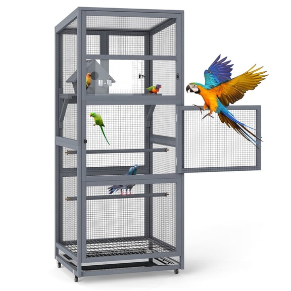 Coziwow 68"H Large Wooden Bird Aviary on Wheels,Outdoor Bird Cage for Parakeet, Finches, Parrots, Small Birds with Removable Bottom Tray Easy to Clean, Gray