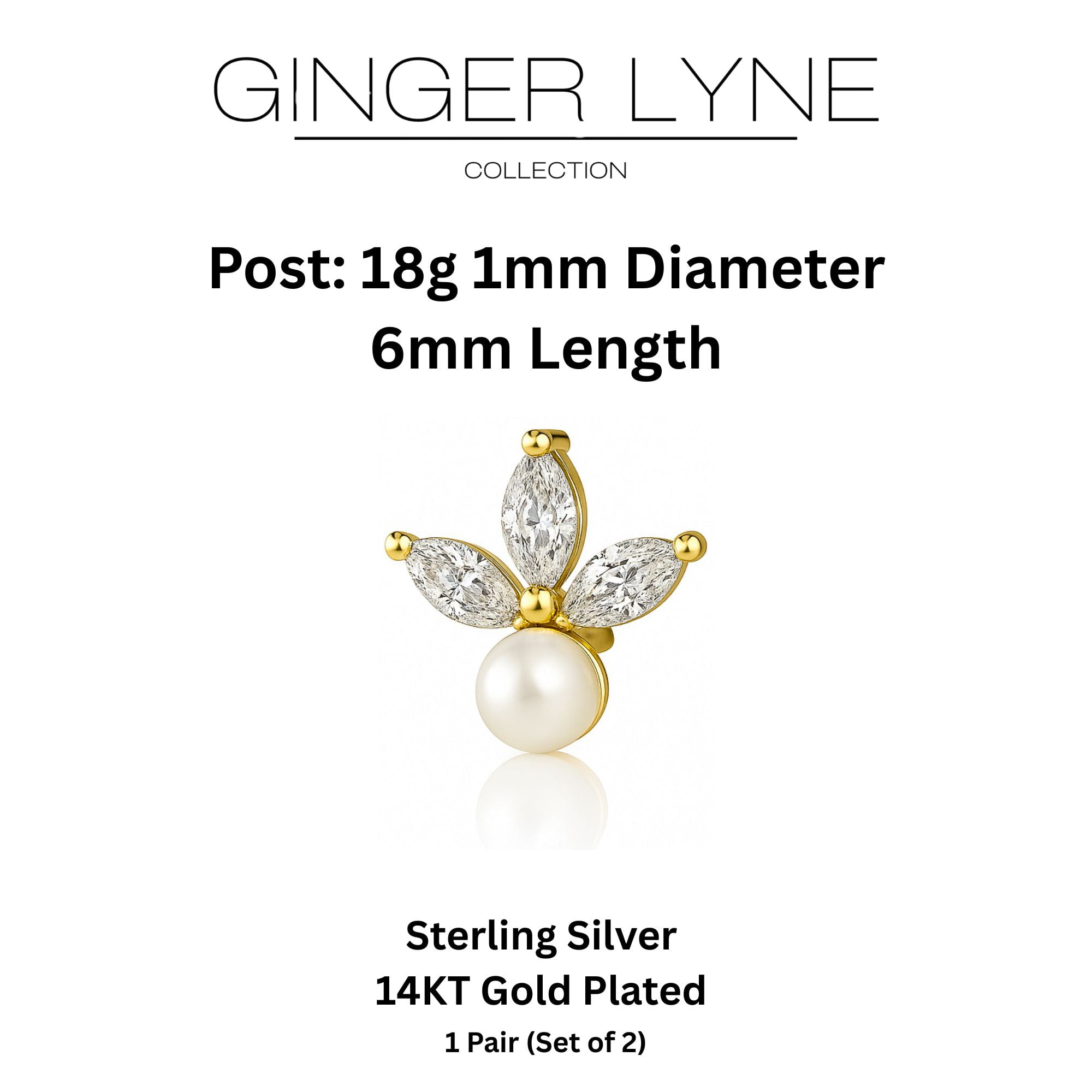 Marquise CZ Flat Back Earrings 18g for Cartilage Helix Tragus Lobe Gold Plated Sterling Silver 1 pair by Ginger Lyne