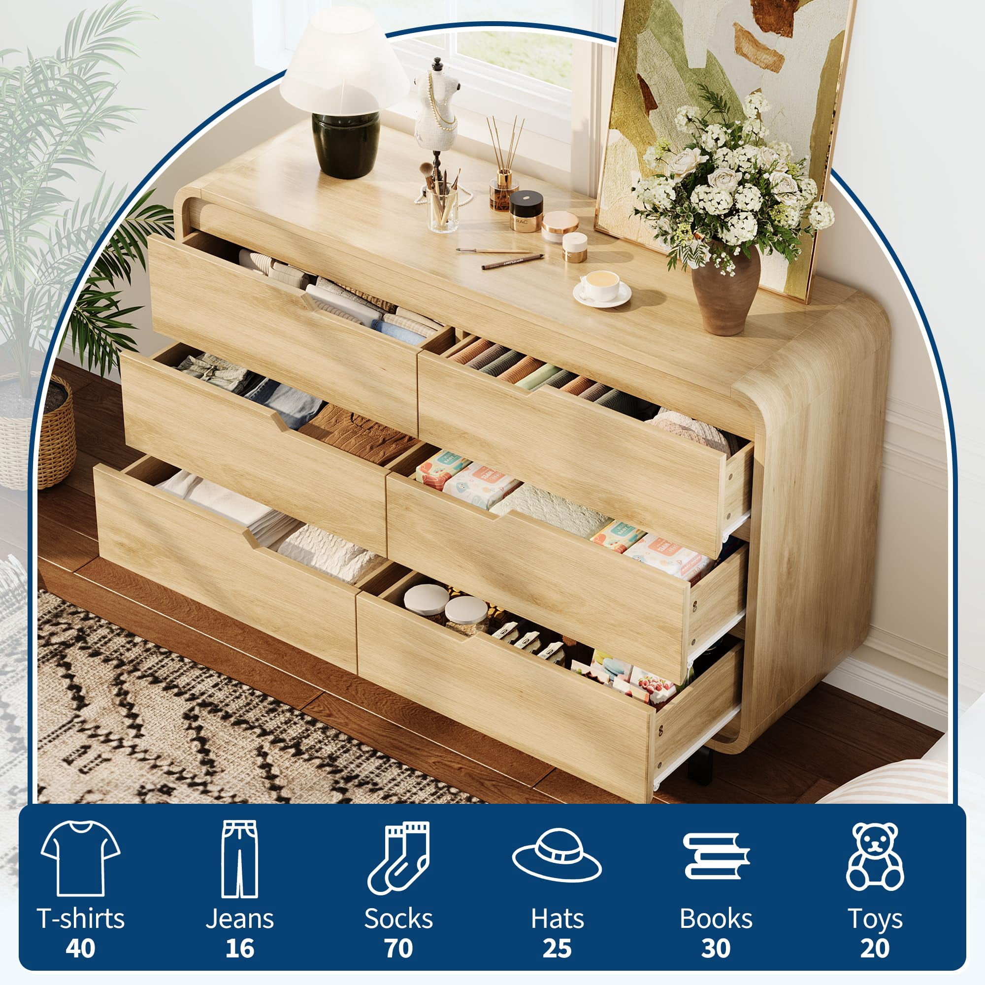 6 Drawers Dresser for Bedroom & Nursery, Modern Dresser with Safe Rounded Corners & Hidden Handles,Wooden Dresser Chest with Heavy Duty Anti-Tip Structure, Wide Storage Cabinet for Living Room