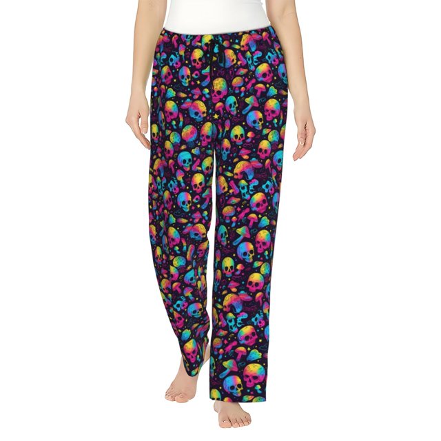 Fotbe Skull rainbow color mushroom Pantalones de Pijama para Mujer, Pantalones de Dormir, Pantalones Pj con Cordón y Bolsillos-X-Large