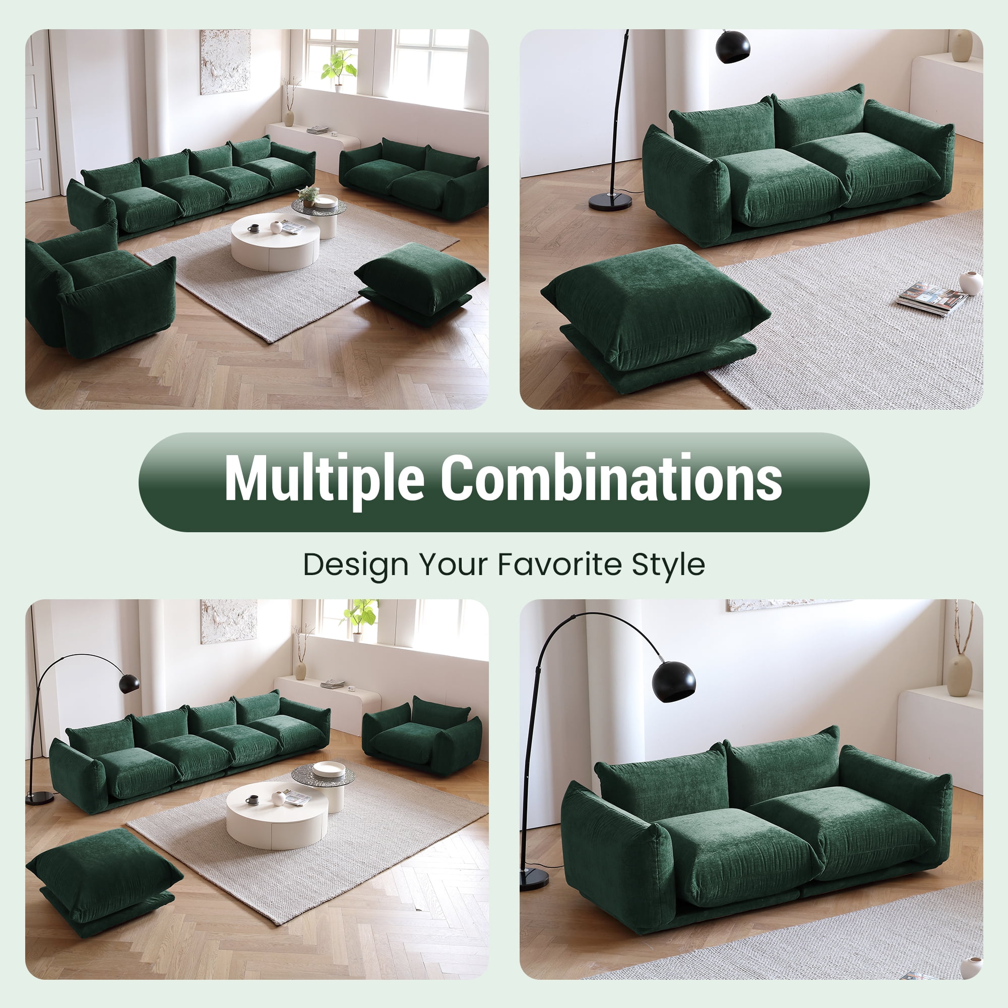 Magic Home Modular Sectional Sofa Floor sofa Foam Couch L-Shaped Sofa Chenille Couch 4-Seat Sofa Sectional Couch for Living Room,Green