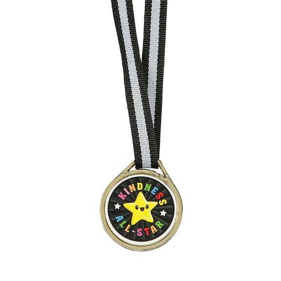 Fun Express 1 1/2" SEL Kindness All-Star Award Medals with Black & White Ribbon - 12 Pieces