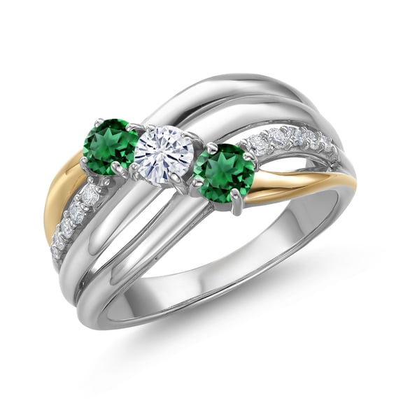 Gem Stone King 925 Silver and 10K Yellow Gold Green Nano Emerald and Moissanite and Lab Grown Diamond Engagement Ring for Women | 0.98 Cttw | Round 4MM | May Birthstone | Size 5