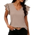 thumbnail image 1 of Pounoo Striped Tops for Women V Neck Short Sleeve Ruffle Cuff Blouses Beach Casual Lightweight Tunics Gift, 1 of 6
