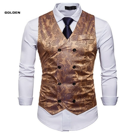 Mens Double Breasted Suit Vest Slim Fit Business Formal Wedding Dress