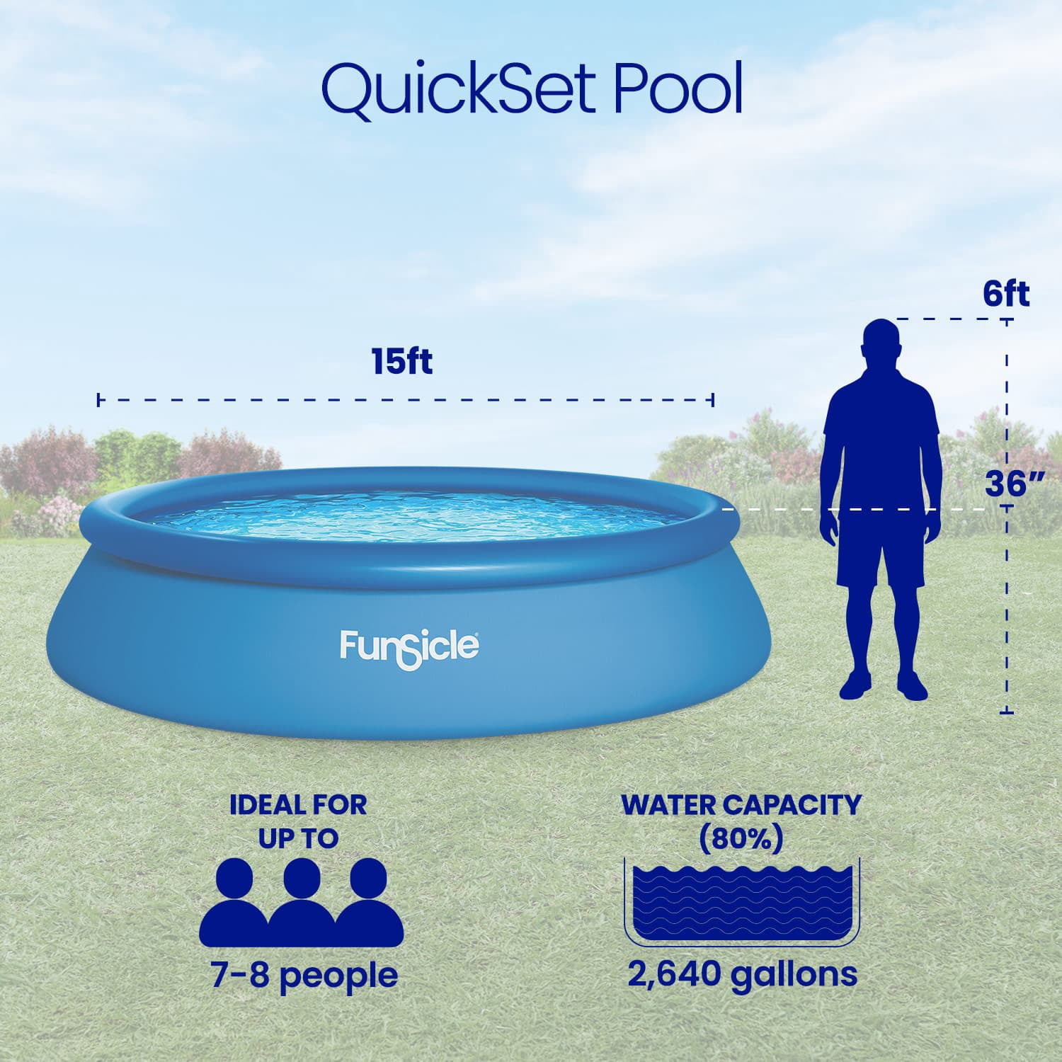 Funsicle QuickSet Above Ground Swimming Pool Set – with FB800 Filter Pump, 15' x 36", Inflatable Top Ring, Round, Blue