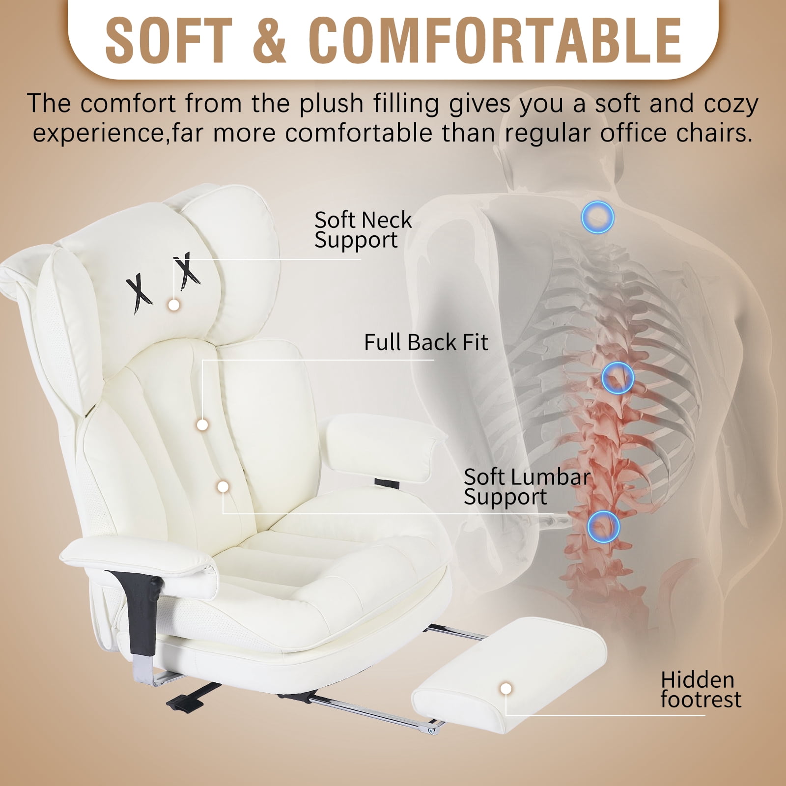 ATMILD 400lbs Big & Tall  Comfortable Stylish PU Leather Home Office Desk Chair with Footrest & Lumbar Support (White)
