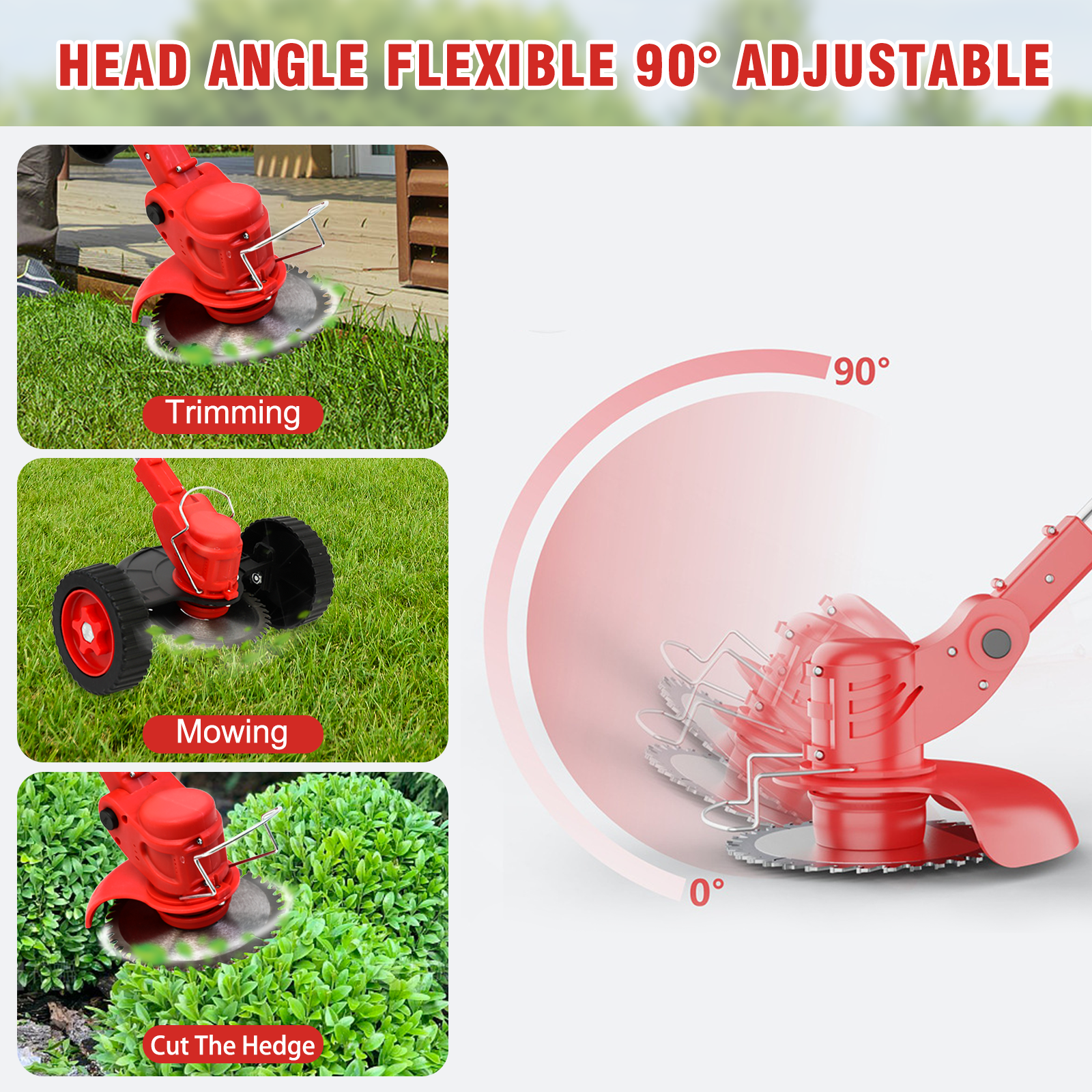 Electric Weed Wacker, Cordless Weed Trimmer with Wheels, 2000mAh Batteries, 3 Types of Blades, Adjustable Length, Weed Eater Grass Trimmer/Edger/Brush Cutter for Lawn Yard Garden (Red)