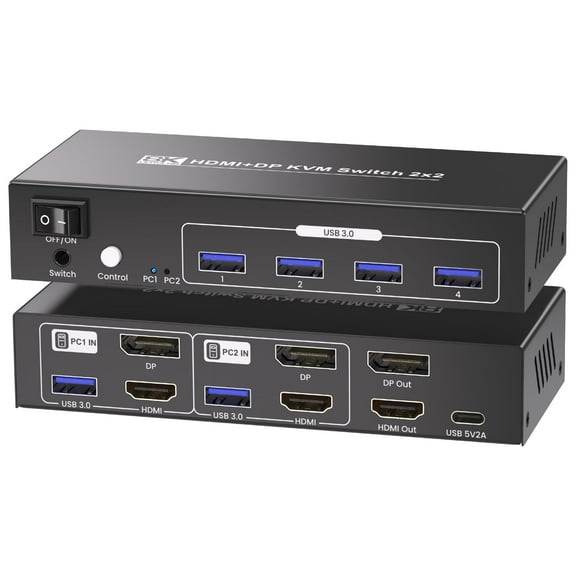 8K60Hz 4K120Hz HDMI DP KVM Switch 2 Monitors 2 Computers, Dual Monitor HDMI Displayport KVM Switch– USB 3.0, Two Switching Methods, 8K High-Resolution Support