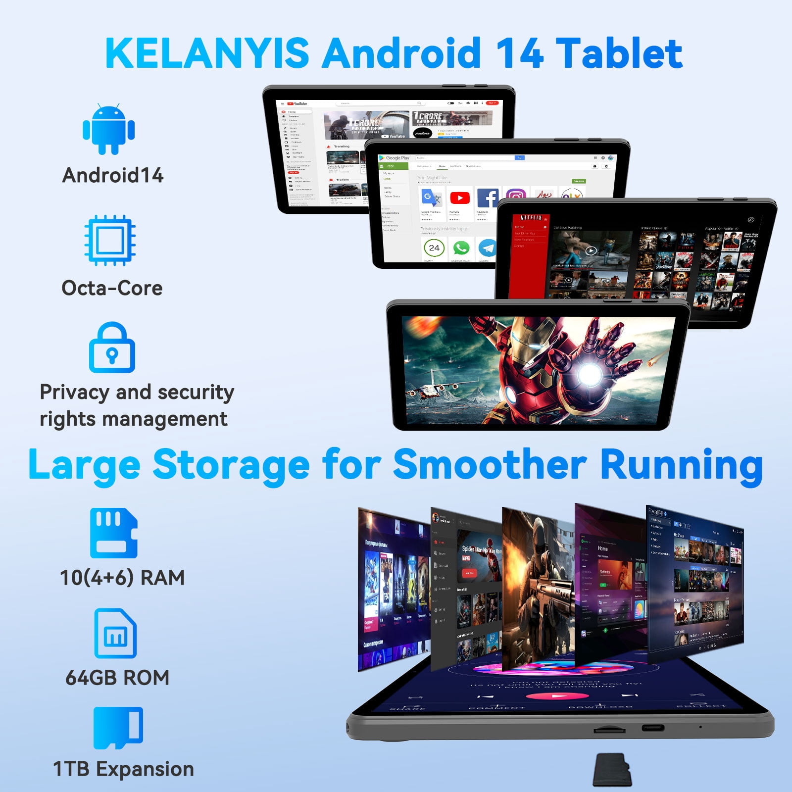 Android 14 Tablet 10.1 inch Tablets, 10GB RAM + 64GB ROM 1TB Expand, Octa-Core Tablet with Case, GPS, 6000mAh, 1280x800 FHD Display, Dual Camera, WiFi, Bluetooth