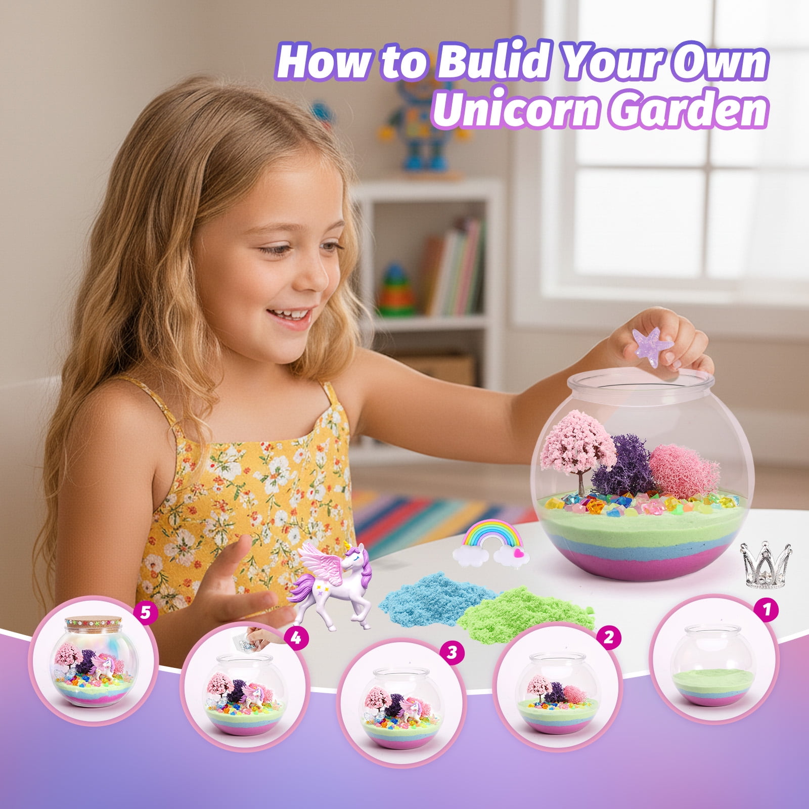 Unicorn Light-Up Terrarium Kit for Kids - LED Night Light Birthday Christmas Gifts，Unicorn Toys for Girls Ages 4-12 Year Old， Kids Arts and Craf