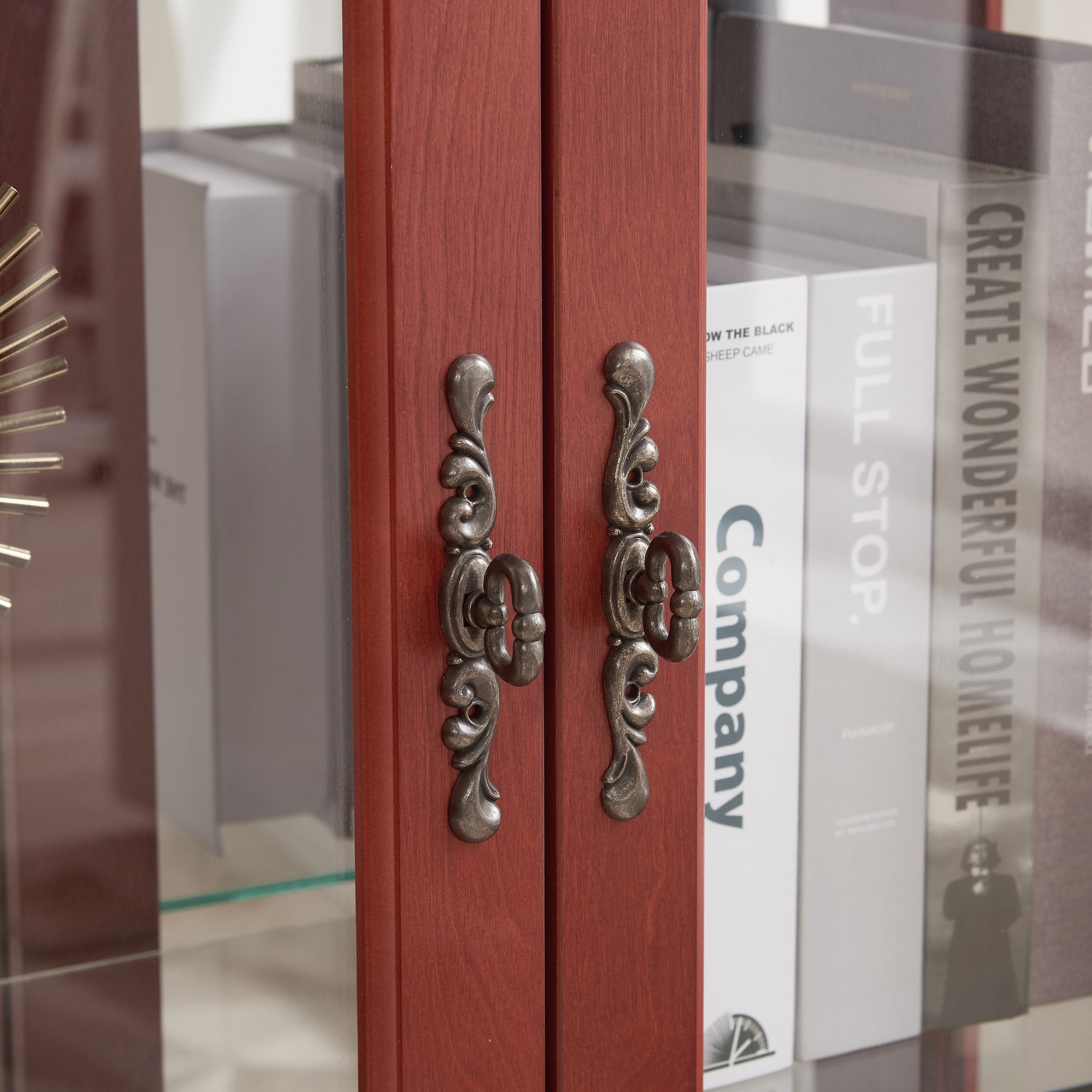 2-Door Curio Cabinet with Tempered Glass Doors, Mirrored Back Panel, Adjustable Shelves, Lighted Display Cabinet, Cherry